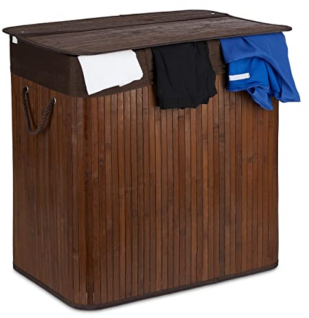 Relaxdays Panier à Linge, 3 Compartiments, avec Couvercle, trieur rectangulaire, HxLxP : 62x62,5x42,5 cm, Bambou, Marron