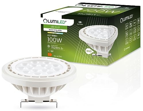 Lumiled LED-Leuchtmittel AR111 G53 Fassung Spannung 12V DC/AC 15W (Entspricht 100 Watt) Neutralweiß 4000K 38 Grad Abstrahlwinkel weiß 1521 Lumen Ra>80 Kunststoff