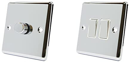 AET CPC1GDIM4 Polished Chrome Classical 400W-10 Amp Single 1 Gang 2 Way 400W Light Dimmer Switch, 400 W & CPC2GSWIWC Polished Chrome Classical White Insert Metal Rocker Switch