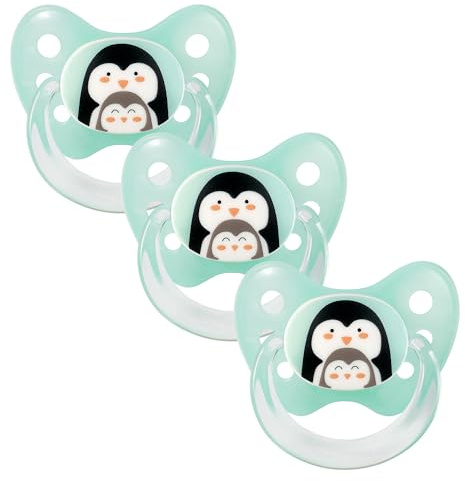 dentistar Silikon Schnuller 3er-Set - Größe 2, 6-14 Monate - Zahn- & kieferfreundlicher Nuckel mit Dental-Stufe – BPA-frei – Made in Germany - Pinguine, Mint