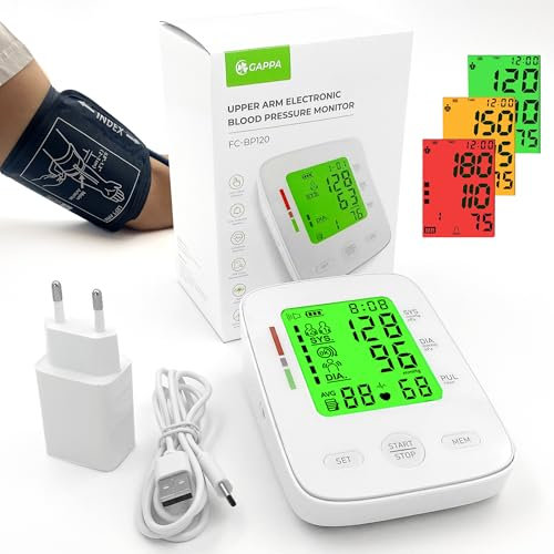 Tensiómetro automático de brazo FC-BP120 con adaptador incluido, manguito 22-32, pantalla a color grande, indicador de riesgo, detección de arritmia, memoria 2x99, portátil