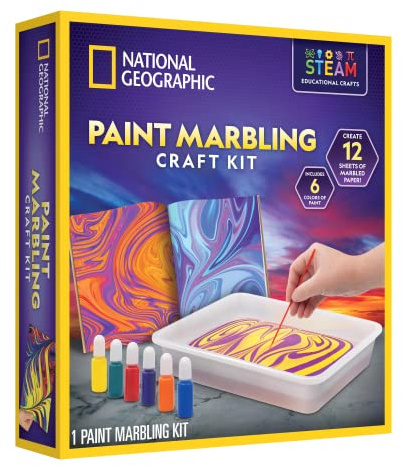 NATIONAL GEOGRAPHIC Marbling Paint Kit for Kids - Create 12 Sheets of Marble Art with Paints & Water, Painting Arts and Crafts Kit (Amazon Exclusive)
