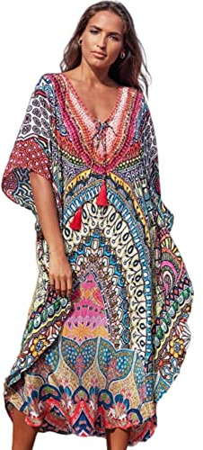 Jarseila Dam boho kaftan strandklänning maxi lång sarong pareo täckande blommönster sommarklänning strand bikini täcka strandklänningar, #B exotisk rosa, one size