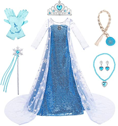 LOBTY Mädchen Prinzessin Elsa Kleid mit Zubehör Krone Halskette Eiskönigin Kostüm Prinzessin Geburtstag Party Weihnachten Party Halloween Karneval Cosplay Kleid für Kinder Blau, 140