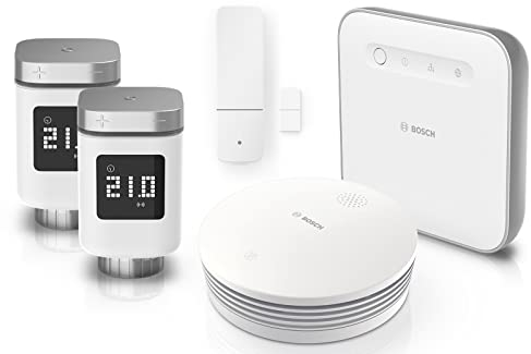 Bosch Smart Home Einsteiger-Set zur smarten Steuerung des Raumklimas und zuverlässiger Alamierung, 2x Heizkörperthermostat II, 1x Tür-/Fensterkontakt II, 1x Rauchmelder, 1x Controller