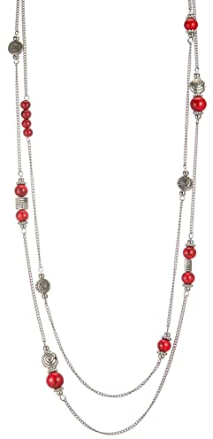 Bulinlin Damen Lange Perlen Kette Statement Halskette mit Silber Anhänger Modeschmuck Kette Geschenk für Frauen(Red turquoise)