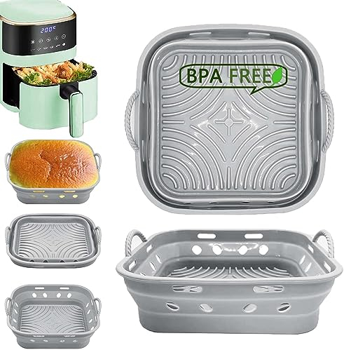 Silikonform für Heißluftfritteuse, 2 Stück 21CM AirFryer Silikon Pot Faltbar/Wiederverwendbar Airfryer Backpapier, Heißluftfritteuse Zubehör für COSORI, Tower, Tristar, Mikrowelle, Ofen(2 x Gray)