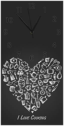 Wallario Design-Wanduhr I Love Cooking - Herz aus Küchenutensilien in schwarz weiß aus Glas, Motiv-Uhr Größe 30 x 60 cm, Schwarze Zeiger