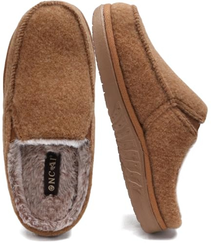 ONCAI Hombre Zapatillas de estar por casa, Mezcla de Lana y Algodón de Espuma de Memoria de Alta Densidad Fieltro Interior y Exterior Suela de Goma Caqui Talla 44.5