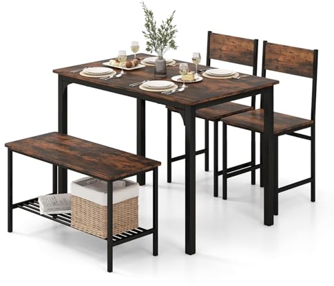 HOMASIS 4-teilig Esstisch-Set mit 2 Stühlen & 1 Bank, industriell Esszimmer-Set mit Rückenlehnen & Lagerregal, Essgruppe aus Holz & Metallrahmen, Sitzgruppe Bartisch für Küche Esszimmer (Dunkelbraun)
