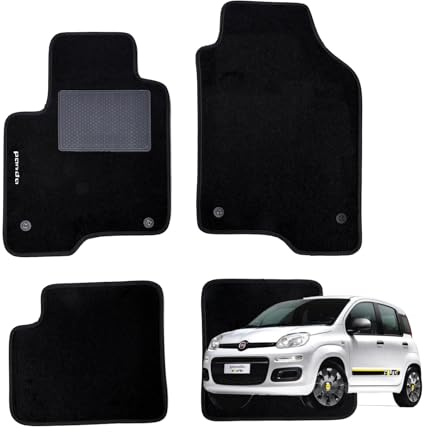 W-Parts SERIE 4 TAPPETI - TAPPETINI in MOQUETTE Neri per Panda III dal 2012 con battitacco Cucito, Bottoni di Fissaggio e Striscia Antiscivolo