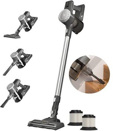 HSHa Akku Staubsauger mit 0.4L Staubbecher, 2 Saugmodi Kabelloser Staubsauger Starke Saugkraft 6 in 1 mit HEPA-Filter, Bis zu 30 Min, Handstaubsauger für Hartböden Teppich Tierhaare, Grau