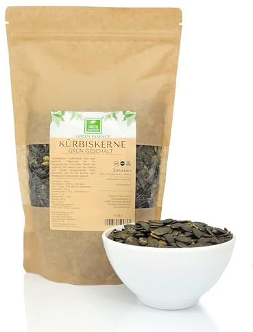 Kürbiskerne geschält 1kg dunkelgrün Kürbissamen ohne Schale - Green Essence | Kürbis Kerne zum essen, grün, naturbelassen und ungeröstet, ohne Salz, für Salate oder als Snack, vegan, Kurbis Samen, 1kg