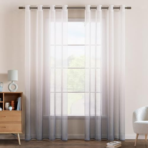 EMEMA Gardinen mit Ösen 2er Transparent Grau Voile Vorhänge H160xB140cm | Vorhang mit Ösen Farbverlauf Dekoschal Fensterschal für Schlafzimmer und Wohnzimmer Transparent Vorhänge Voile Sheer Gardine