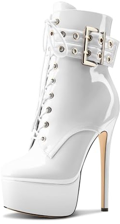 Aachcol Womens Stiletto High Heel Platform Ankle Boots Round Toe Lace-up Zipper Mid Calf Buckle Patent Leather Dress Booties, White, 4 UK