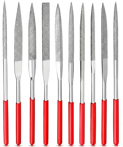 VZU Juego de 10 limas de aguja de diamante, mini limas de modelado de 2 x 100 mm, limas de diamante, limas de microdiamante para metal, vidrio, madera, tallado, manualidades