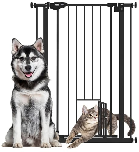 PawHut Treppenschutzgitter Ohne Bohren 74-80cm mit Katzenklappe Schwarz | Türschutzgitter, Kinderschutzgitter, Auto-Close, Einhand Öffnung, Doppelte Verriegelung, Kinder, Haustier, Treppe, Tür