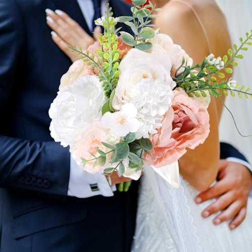 M METERXITY Ramos de Novia para la Novia, Ramo de Flores Artificiales para Boda/Novia/Dama de Honor, Ramos de Novia Multicolores con Cinta de Seda [Rosa]