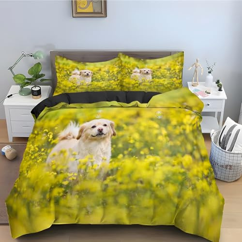 YZQGLHP Housse de Couette 240 x 260 RéCupéRateur d'or Parure de Lit Fleurs De Colza Ensemble de Literie Doublure Noire Linge De Lit Microfibre et 2 Taies d'oreiller, avec Fermeture Éclair