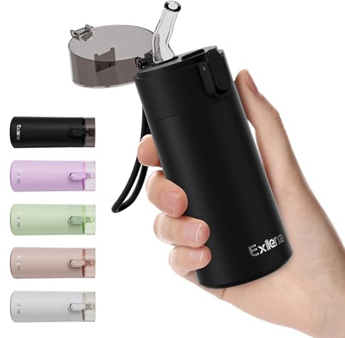 Exllena Termo Pequeño 150ml con Pajita – Botella Térmica Pequeña con Diseño de Uso con Una Mano, Ligera, sin BPA, Ideal para Café, Agua y Bebidas Frías(Negro)