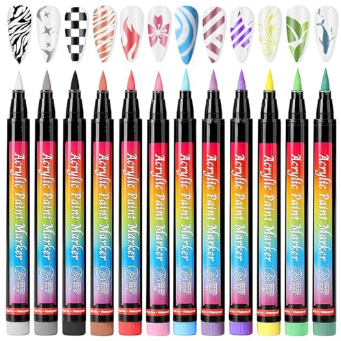 Dynaeuty 12 Color 3D Nail Art Pens Set, Graffiti Nail Dotting Tools Quick Drying Acrylic Paint Pens Drawing Painting Point Liner Pen for Nails Art Design, Nail Pens for Home Salon DIY(B)