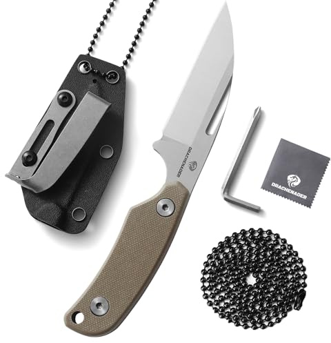 DRACHENADER Couteau De Cou, Mini Neck Knife, Lame En Acier D2,Manche En G10, Couteau À Lame Fixe, Chaîne À Billes Et Clip De Ceinture