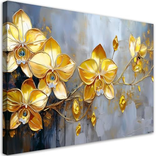 Feeby Leinwandbilder - Deko Bilder - Goldene Orchideen Glamour Blumen - Canvas 90x60 cm 1tlg- Wandbilder Schlafzimmer - Aesthetic Room Decor - Modern Wanddeko - Bild auf Leinwand - Fertig Gespannd