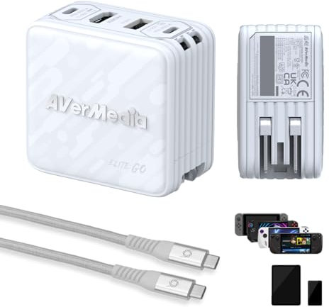 AVerMedia Capture Card 1080p60 HDMI, Portable Charger for Nintendo Switch, 100W GaN USB-C Hub, TV Docking Station with 4K60 HDMI, Compatible with iPhone, iPad, Laptop & PC (Elite Go - White)