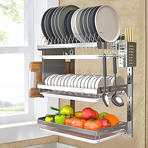SaryEdge Geschirrständer für die Küche, 3-stufiger, an der Wand montierter Geschirrabtropfständer, Organizer, Lagerregal aus Edelstahl(