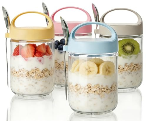 4Pack 14oz Overnight Oats Jars, Overnight Oats Container with Lid and Spoon | Large Capacity Glass Jars with Screw lids,Airtight Breakfast Jar, Yogurt Pot for Homemade Oatmeal Salad Jam Pudding Chutn