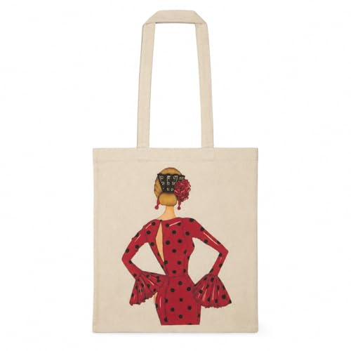 IllustrArte Baumwolltasche Flamenco 38 x 42 cm – Lange Henkel | Flamenco-Stofftasche 38 x 42 cm aus Baumwolle, leicht und faltbar für Einkauf, Reise, Feria und Alltag.