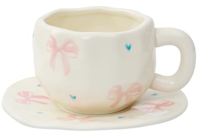 Koythin Juego de taza de café de cerámica con platillo, bonita taza de lazo grande rosa única para la oficina y el hogar, 300 ml para leche y té con leche