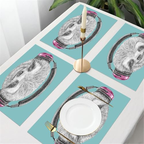 UREJD Tischsets Abwaschbar 4 Set,Vinyl Platzsets Abwaschbar für küche Speisetisch Hotel,Kaffeehaus,Festsaal,Platz-Matten,Faultier, DJ Faultier Portrait mit Kopfhörern cool süß lachen witzig m,30x45cm