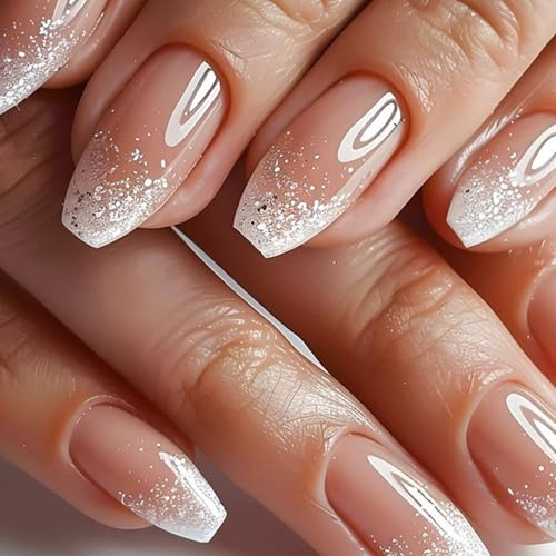 Ceboic 24 Stück French Press on Nails Mittellang Sarg, Natürlich Nägel zum Aufkleben Rosa Ballett Glitzer Kunstnägel Künstliche Nägel, Selbstklebende Acryl Fingernägel Fake Nails für Frauen Mädchen