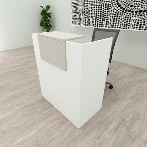 Henor Bancone Reception Oja. 80 x 50 x 107 cm. Legno Con tavolo interno. Ideale per ufficio, reception, attenzione, commercio. Bianco Opaco e Quercia Stel