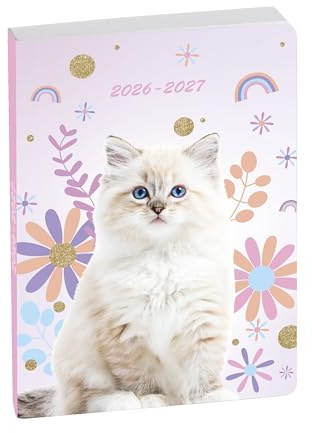 Exacompta - Ref. 1877824E - 1 vit katt djur forum dagbok 12 x 17 cm dag augusti 2025 till juli 2026 - visuell katt