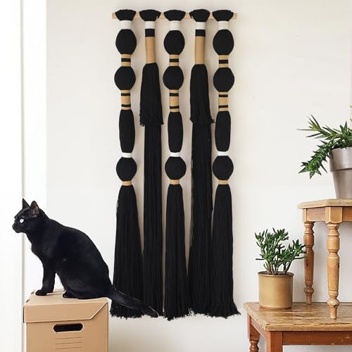 Flber Makramee-Wandbehang, schwarz, kugelförmig, Baumwollquasten, Textil, geometrisches Garn, Wandkunst für Schlaf- und Wohnzimmer, 40 cm B x 99 cm L