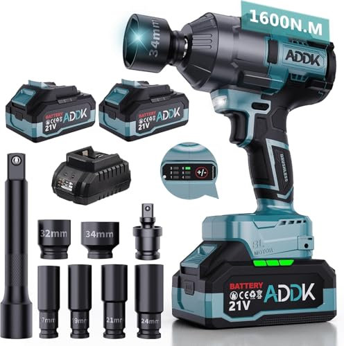 BursDany Avvitatore a Impulsi Brushless 1600N.M, 2 x 4,0 Ah, Chiave a Percussione Senza Fili, 21V Avvitatore a Percussione con Batteria, 6 Marce, 2600 giri/min, e Luce LED per Auto e Casa (1600 N.m)