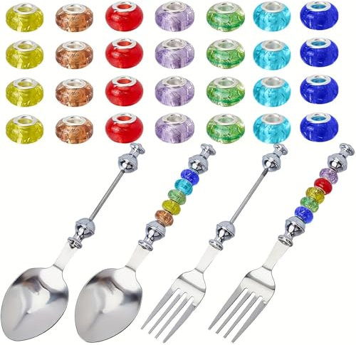 Zeiwohndc Collections Vajilla Personalizables Hechas A Mano Kits Cubiertos Cuentas Que Incluyen 4 Utensilios Acero Inoxidable Y 28 Cuentas Decorativas