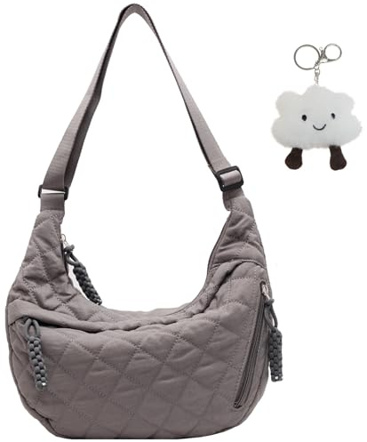 Micmores Crossbody Bag Damen Umhängetasche, Nylon Schultertasche Moon Bag Stylische Halbmond Tasche mit verstellbarer Schultergurt, Hobo Casual Handtasche (Grau-Stepptasche)