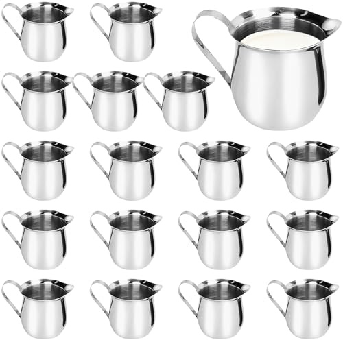 18 Pack Small Milk Jugs 90ml, Stainless Steel Creamer Pitcher, 3oz Mini Bell-Shaped Milk Pourer with Handle, Metal Serving Jug for Coffee, Tea, Milk & Sauces