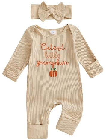 Geagodelia My First Halloween Baby Girl Outfit Cute Pumpkin Print Long Sleeve One Piece Halloween Baby Clothes with Headband (Cutest Little Pumpkin Khaki, Newborn)