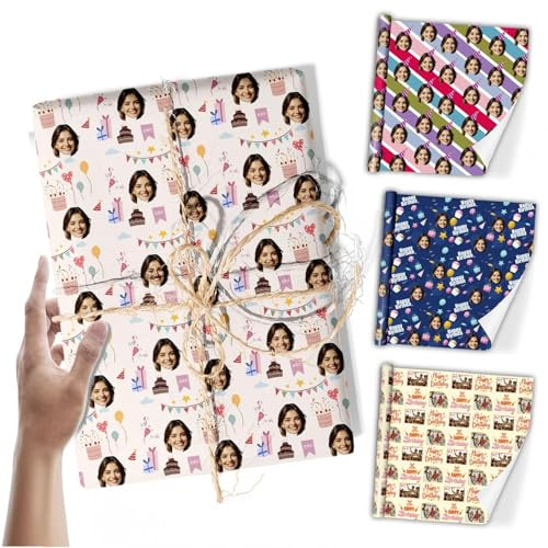 Personalisiertes Geschenkpapier mit Namens Logo Foto Geburtstagsgeschenkpapierrollen für Erwachsene, Männer, Frauen, Kinder, zum Jahrestag, Babyparty, Mutter, Vater, Weihnachten, Valentinstag