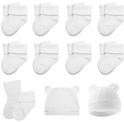 VOSSOT 8 Paia Calzini Neonato, con un Berretto per Neonati, Unisex Calzini Neonata, Set per Neonati, Ankle Socks, Sneaker Calzino di Casa, Regalo, Bambino Calze per Bambini e Bambine(0-6 Mesi)