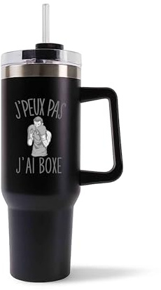 Planetee Mug Isotherme 1,2L - Je peux pas boxe thai muay-thaï Noir – Bouteille avec Anse, Paille et Couvercle – Idée Cadeau Gourde Personnalisée