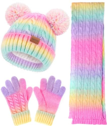 Kids Winter Hat Scarf Gloves Set, Toddler Girls Boys 8% Wool Warm Fleece Lined Hat Pom Pom Beanie Knit Neck Scarf Thick Soft Mittens Gloves for Cold Weather 3 In 1 Birthday Christmas Gift for Children
