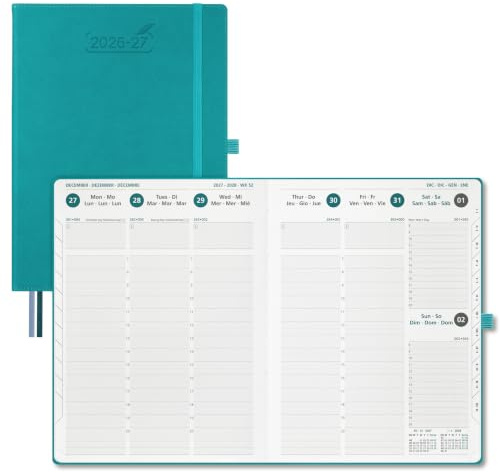 BEZEND Kalender 2026 2027 Buchkalender 1 Woche 2 Seiten A4 (28,5 x 22 cm) | 18 Monate Kalender (Jul 26 - Dez 27), PU-Leder Hardcover, 80 GSM Papier, Türkis