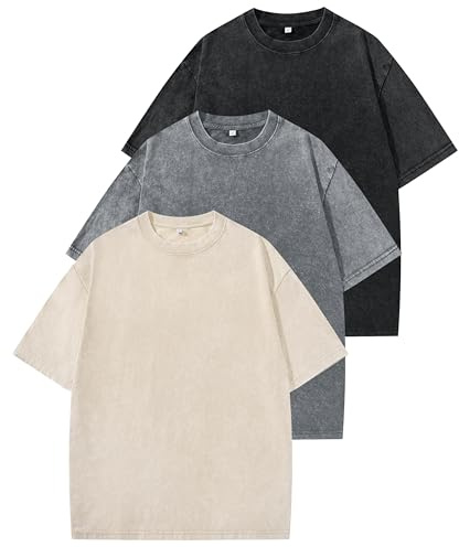 Little Beauty 3 Pack Oversized Tshirts for Men Vintage Washed Cotton T-Shirts Unisex Casual Streetwear Baggy Tops Black/Grey/Apricot L