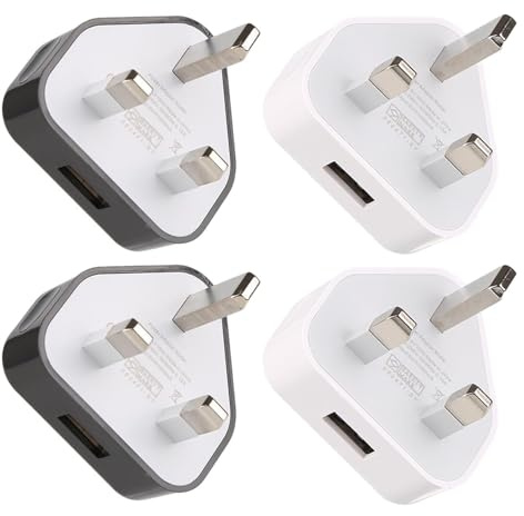 USB Plug Adapter UK 4 Pack 5V 1A USB Wall Charger 3 Pin Plug Mains Adapter