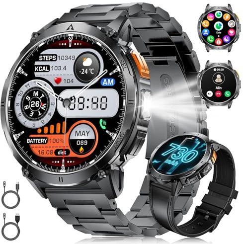 FITFLEX Smartwatch Herren 1,62''AMOLED Touchscreen mit Taschenlampe, IP68 Wasserdicht, 120+Sportmodi, 730 mAh Akku Sportuhr Herren, Fitnessuhr mit 24/7 Herzfrequenz, Schlafmonitor für Android iOS